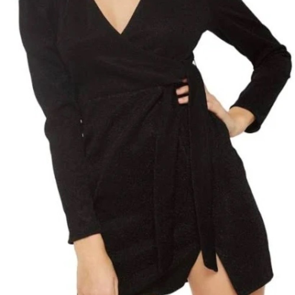 TOPSHOP Black Puff Long Sleeve Mini V-neck Faux Wrap Dress Size US 0